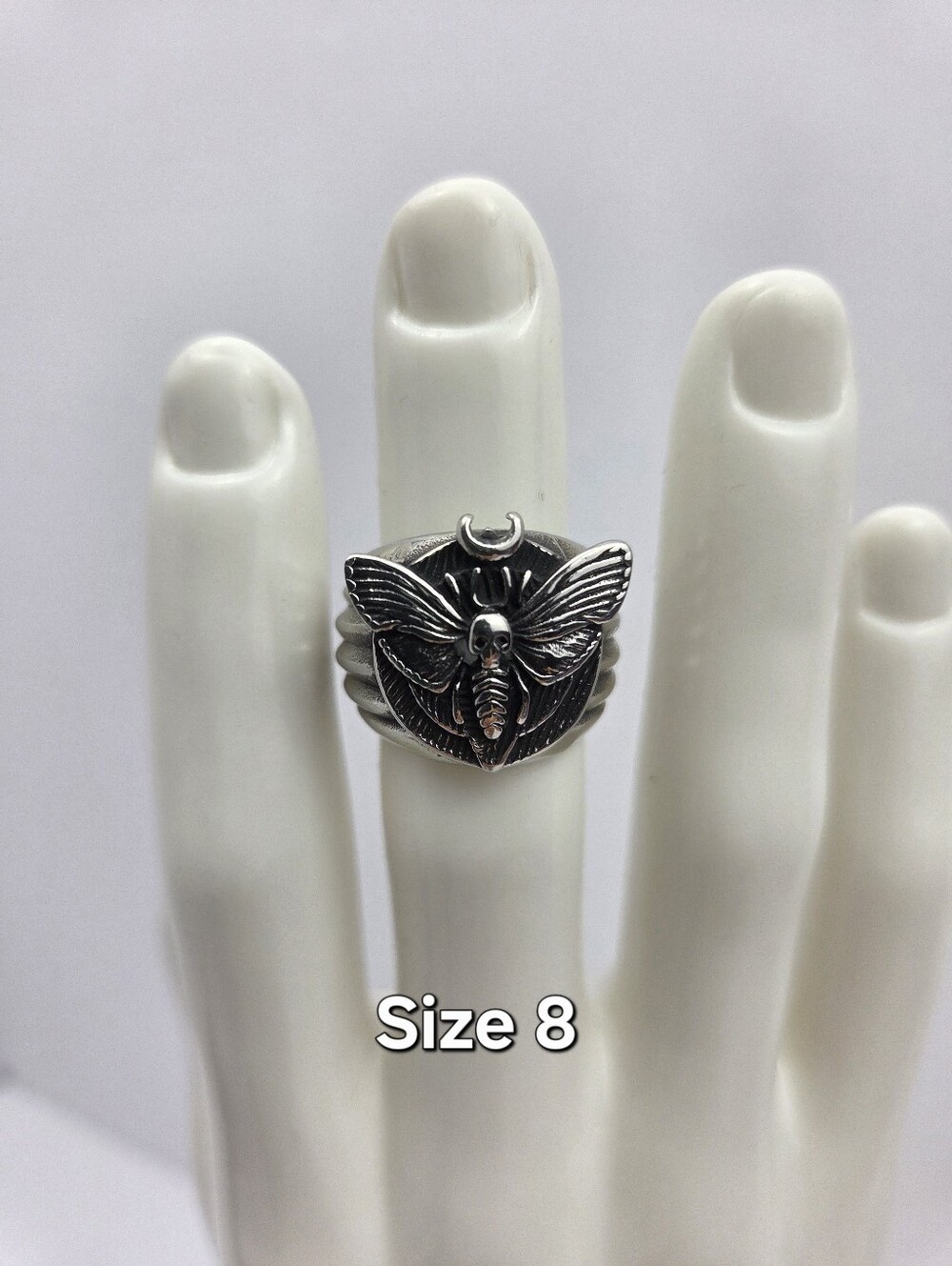 Death's Head Moth Skull Moon Stainless Steel Ring Size 8